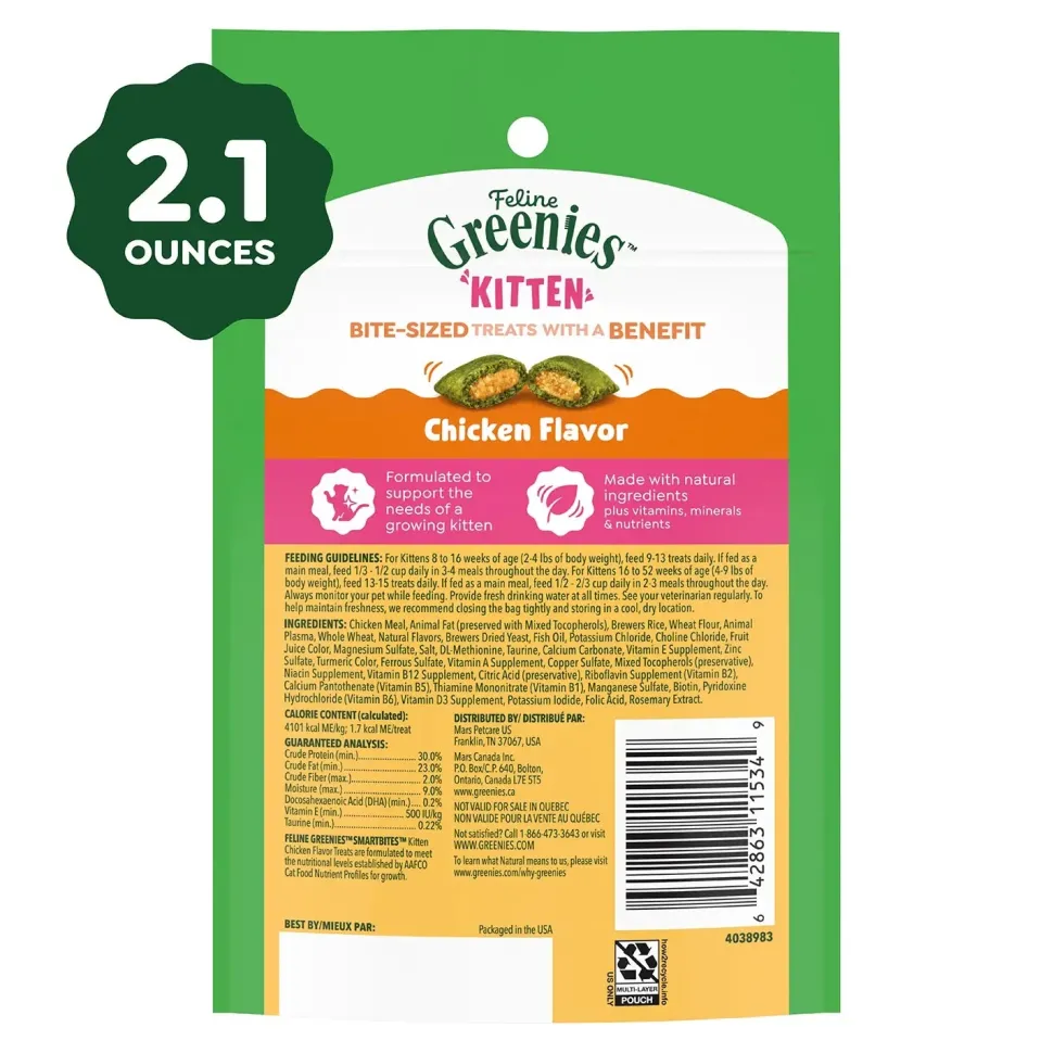 Greenies Feline SmartBites Chicken Healthy Kitten Treats 2.1-oz