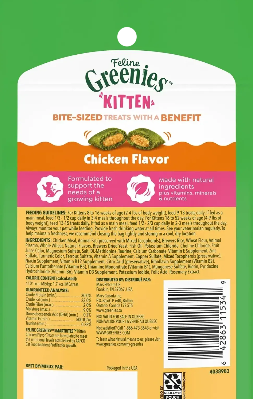 Greenies Feline SmartBites Chicken Healthy Kitten Treats 2.1-oz
