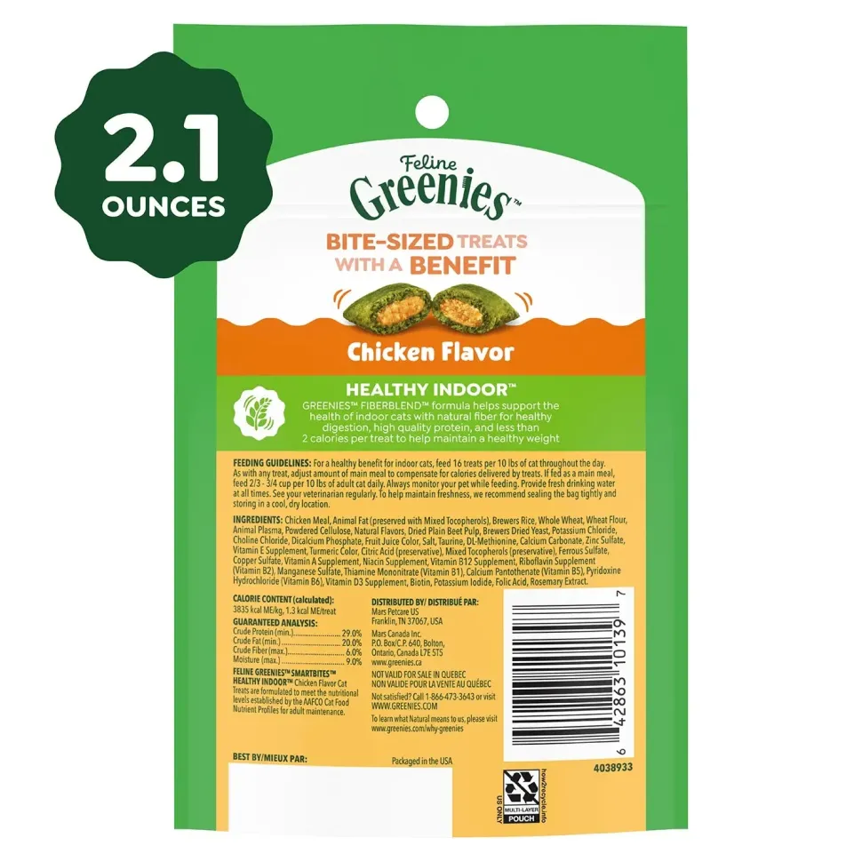 Greenies Feline SmartBites Healthy Indoor Chicken Cat Treats 2.1-oz