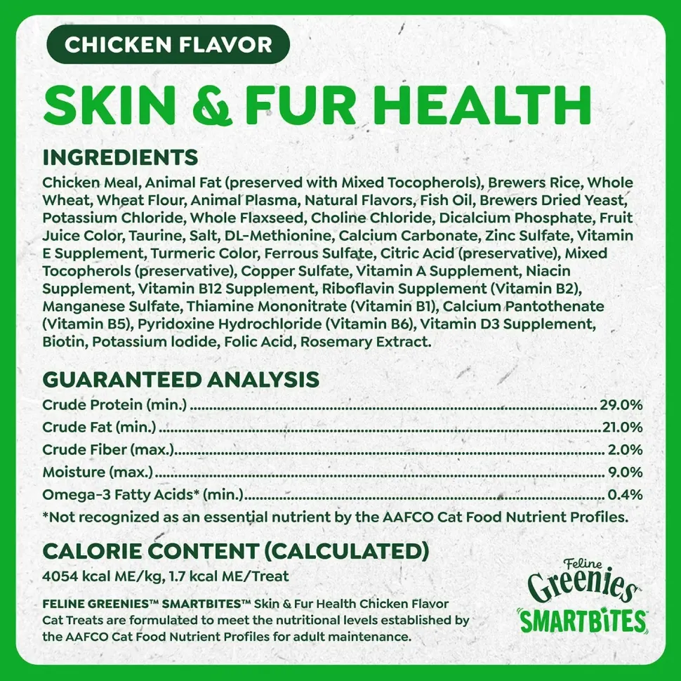 Greenies Feline Smartbites Healthy Skin & Fur Health Cat Treats Chicken 2.1-oz