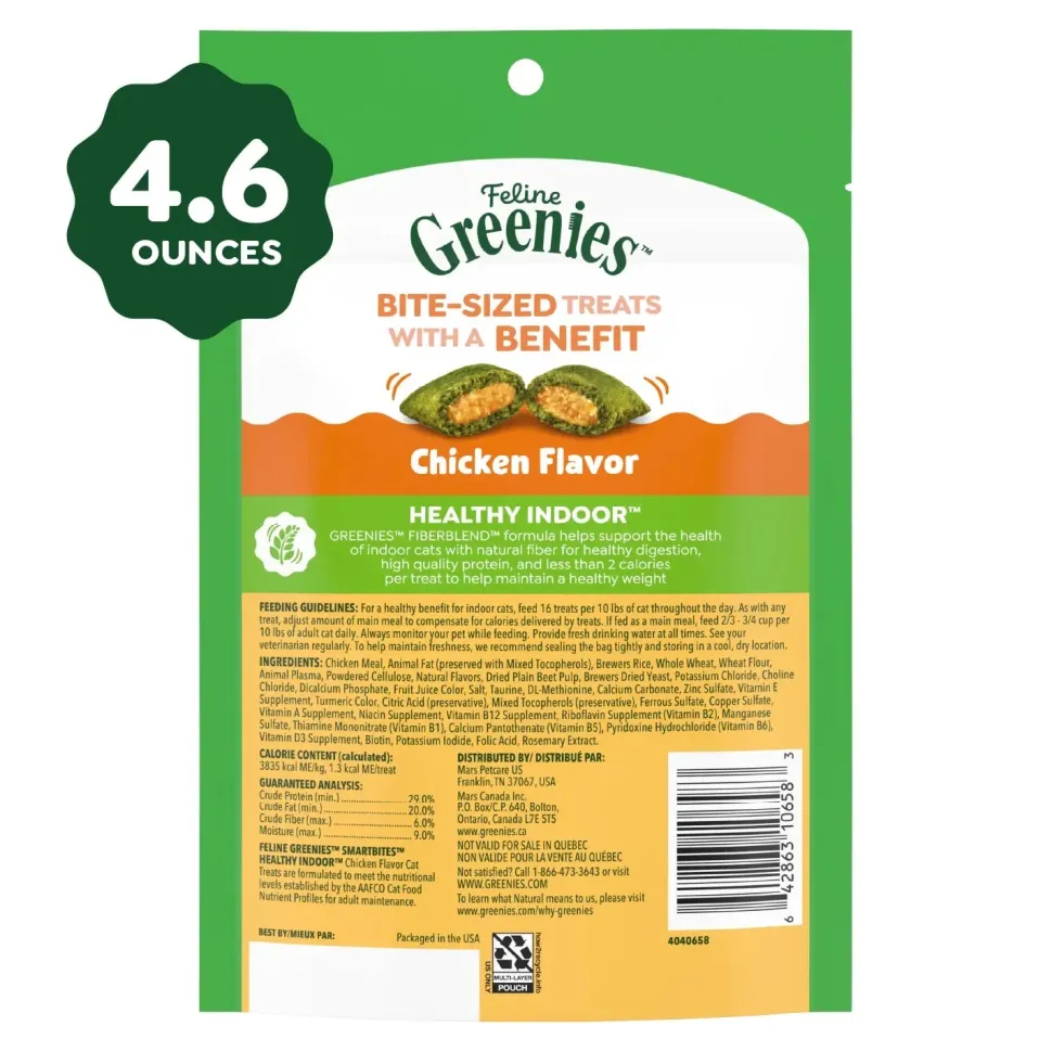 Greenies Feline SmartBites Healthy Indoor Chicken Cat Treats 4.6-oz