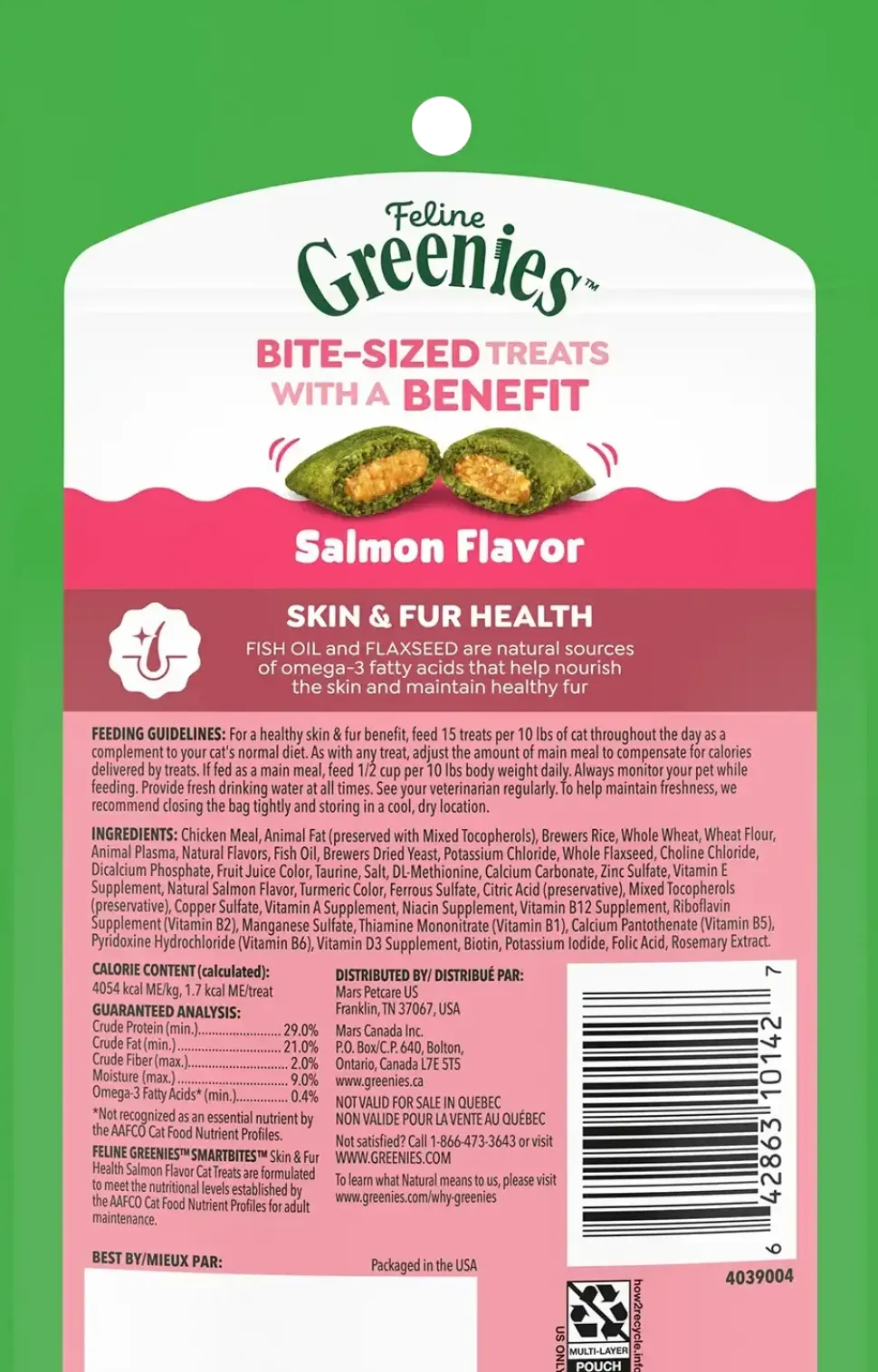 Greenies Feline Smartbites Healthy Skin & Fur Health Cat Treats Salmon 2.1-oz