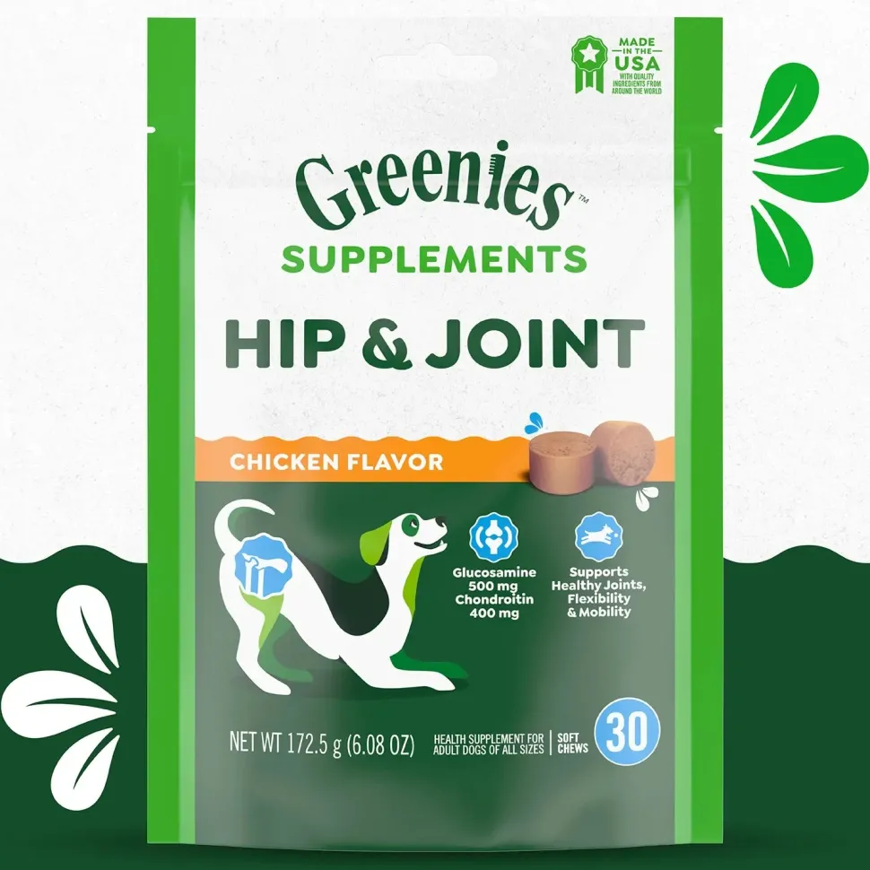 Greenies Hip & Joint Supplement Soft Chews for Adult Dogs Chicken Flavor 30 Count 6.08-oz