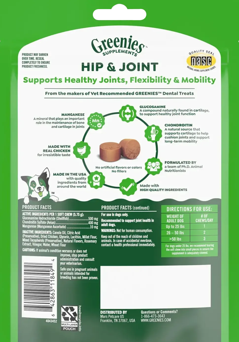 Greenies Hip & Joint Supplement Soft Chews for Adult Dogs Chicken Flavor 30 Count 6.08-oz