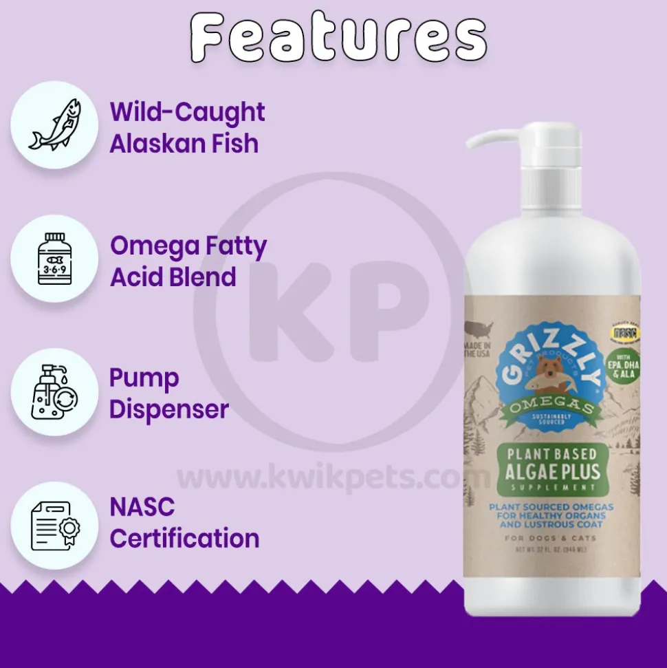 Grizzly Omegas Plant Based Algae Plus Food Supplement for Dogs & Cats 32-oz