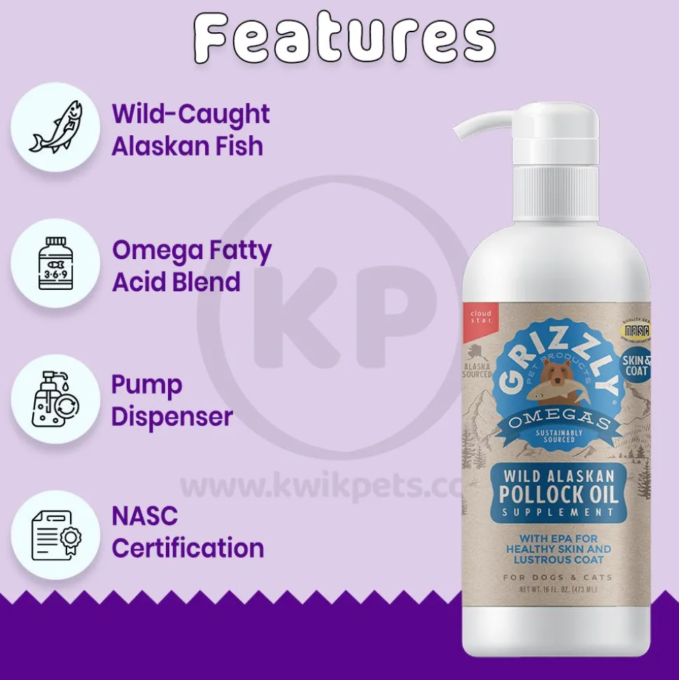 Grizzly Wild Alaskan Pollock Oil Food Supplement for Dogs & Cats 16-oz