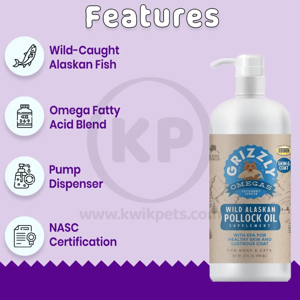 Grizzly Wild Alaskan Pollock Oil Food Supplement for Dogs & Cats 32-oz