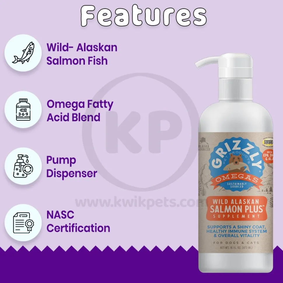 Grizzly Wild Alaskan Salmon Oil Plus Food Supplement for Dogs & Cats 16-oz