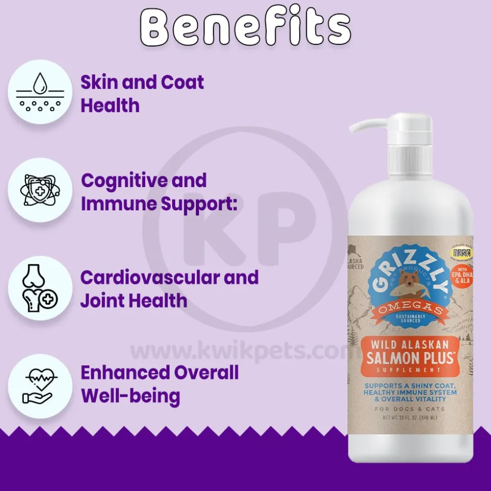 Grizzly Wild Alaskan Salmon Oil Plus Food Supplement for Dogs & Cats 32-oz
