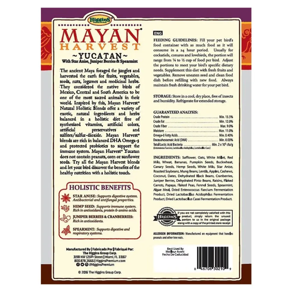 Higgins Mayan Harvest YuCatan Blend Conure Cockatiel Lovebird & Parrotlet Bird Food 3-lb