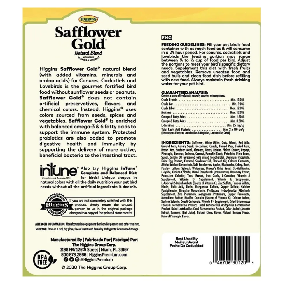 Higgins Safflower Gold Natural Blend Conure & Cockatiel Bird Food 3-lb