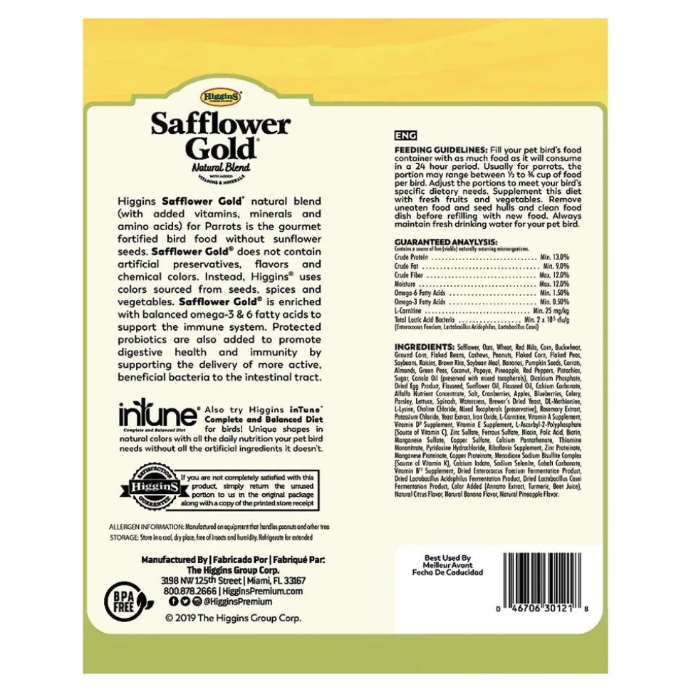 Higgins Safflower Gold Natural Blend Parrot Bird Food 3-lb