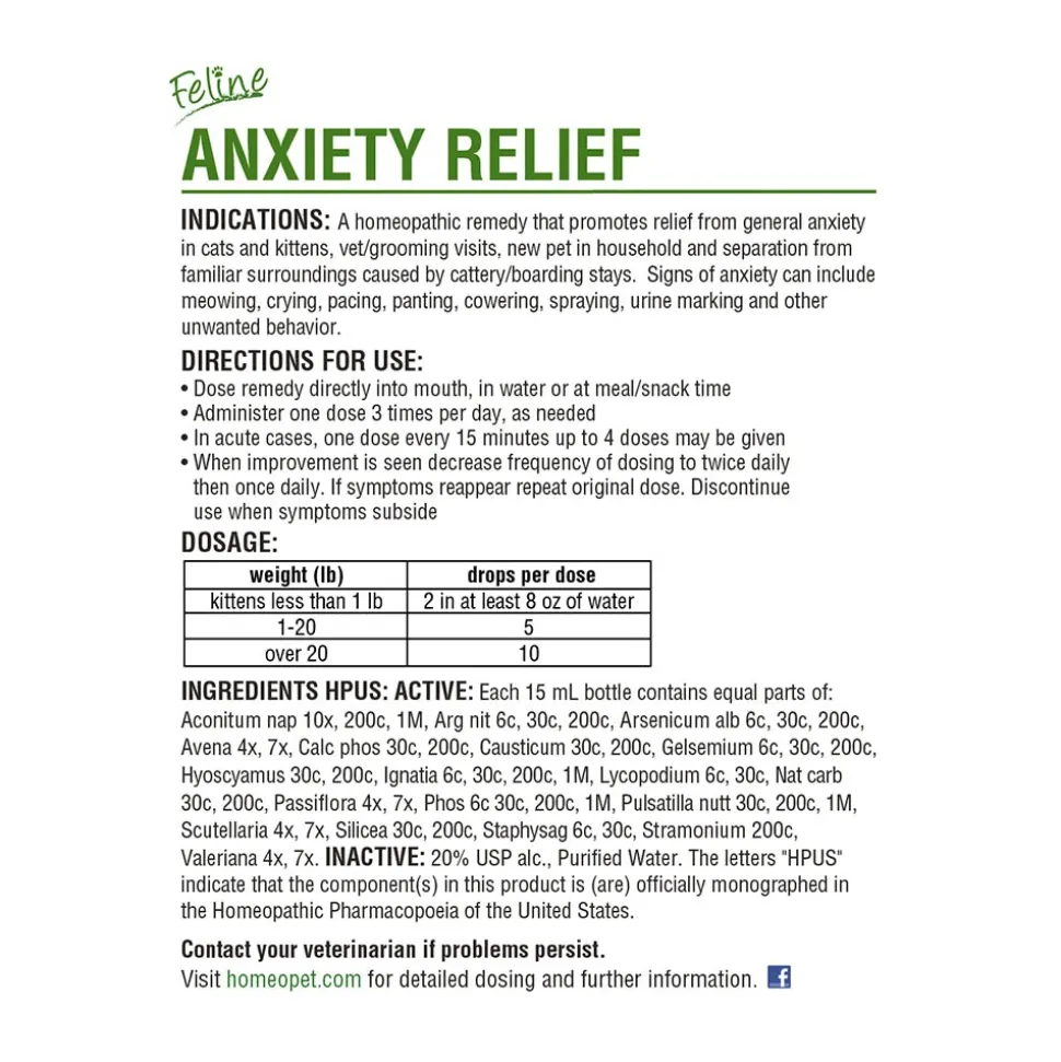 HomeoPet Feline Anxiety Relief Calming Supplement for Cats 15 ml