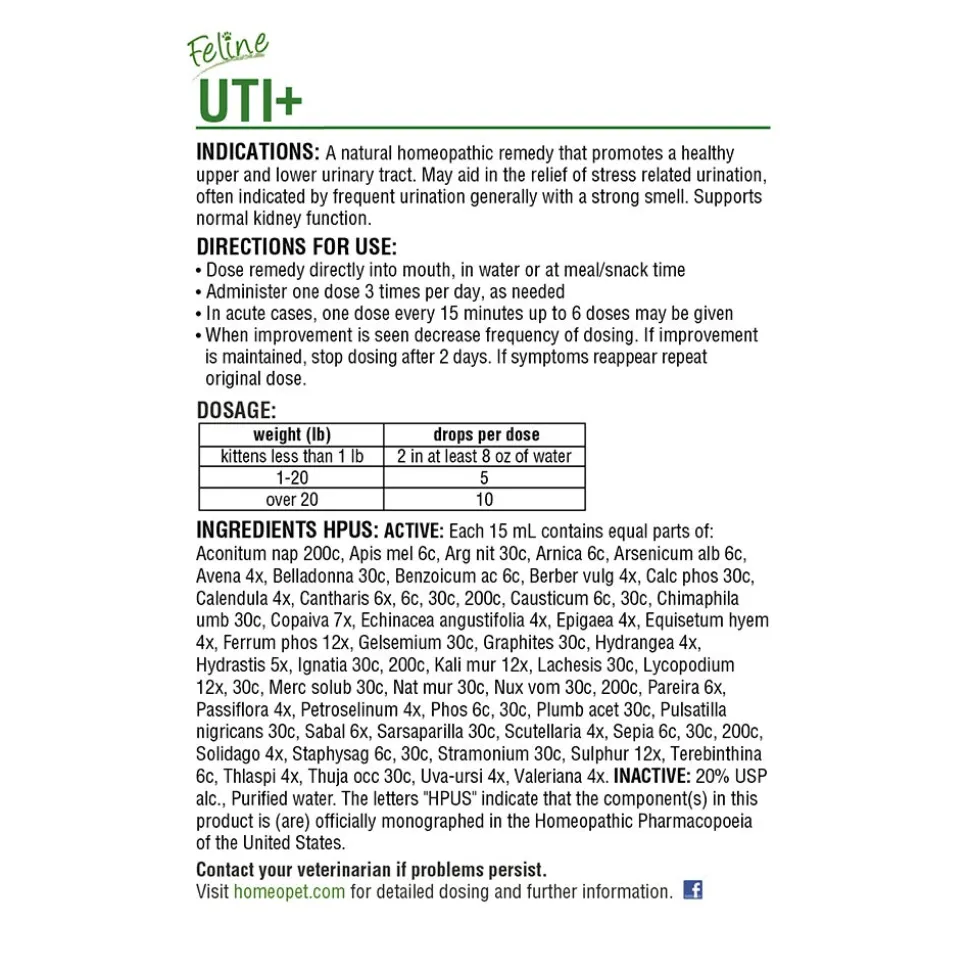 HomeoPet Feline UTI + Urinary Track Infection Relief Supplement for Cats 15 ml