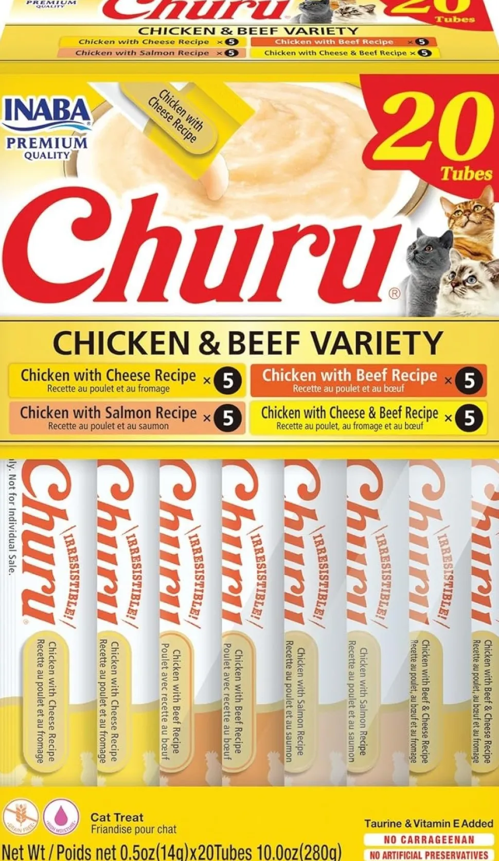 Inaba Churu Creamy Purée Chicken & Beef Variety Pack Lickable Cat Treats 0.5-oz Tubes 20 Count