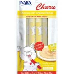 Inaba Churu Creamy Purée Lickable Cat Treats Chicken with Cheese Recipe 0.5-oz Tubes 4 Count