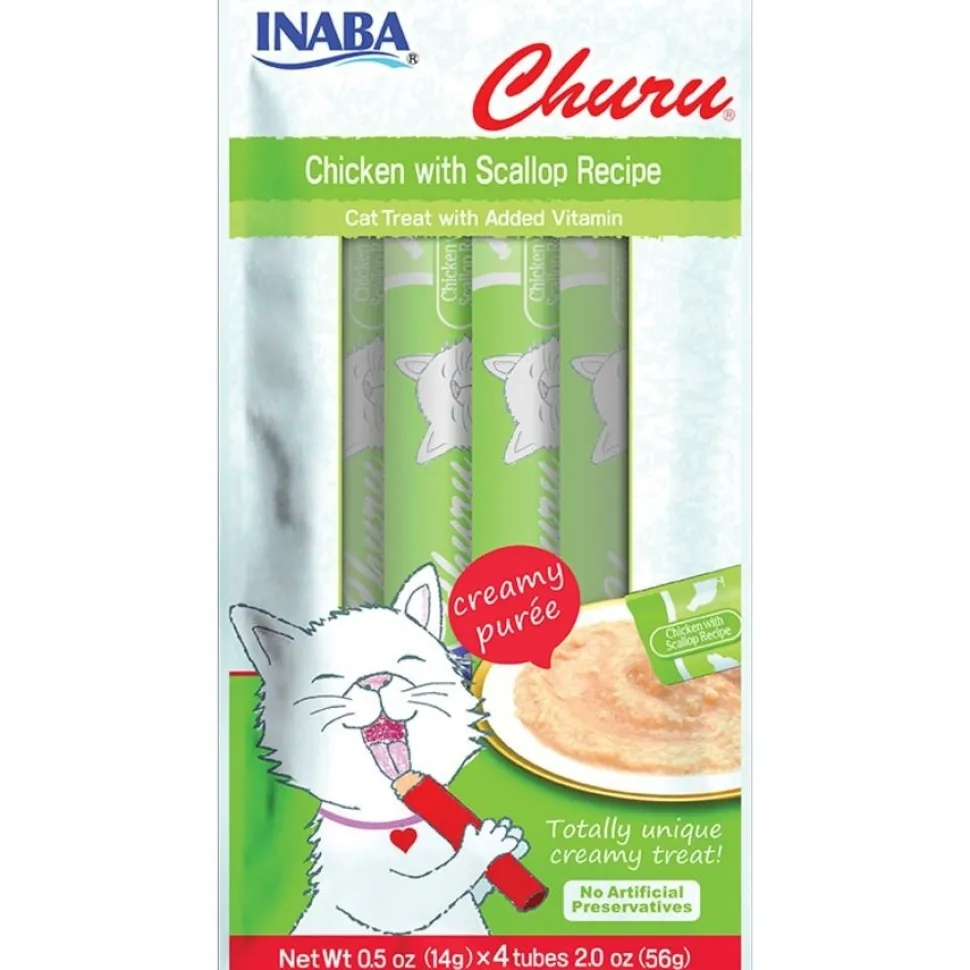 Inaba Churu Creamy Purée Lickable Cat Treats Chicken with Scallop Recipe 0.5-oz Tubes 4 Count