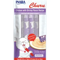 Inaba Churu Creamy Purée Lickable Cat Treats Chicken with Shrimp Recipe 0.5-oz Tubes 4 Count