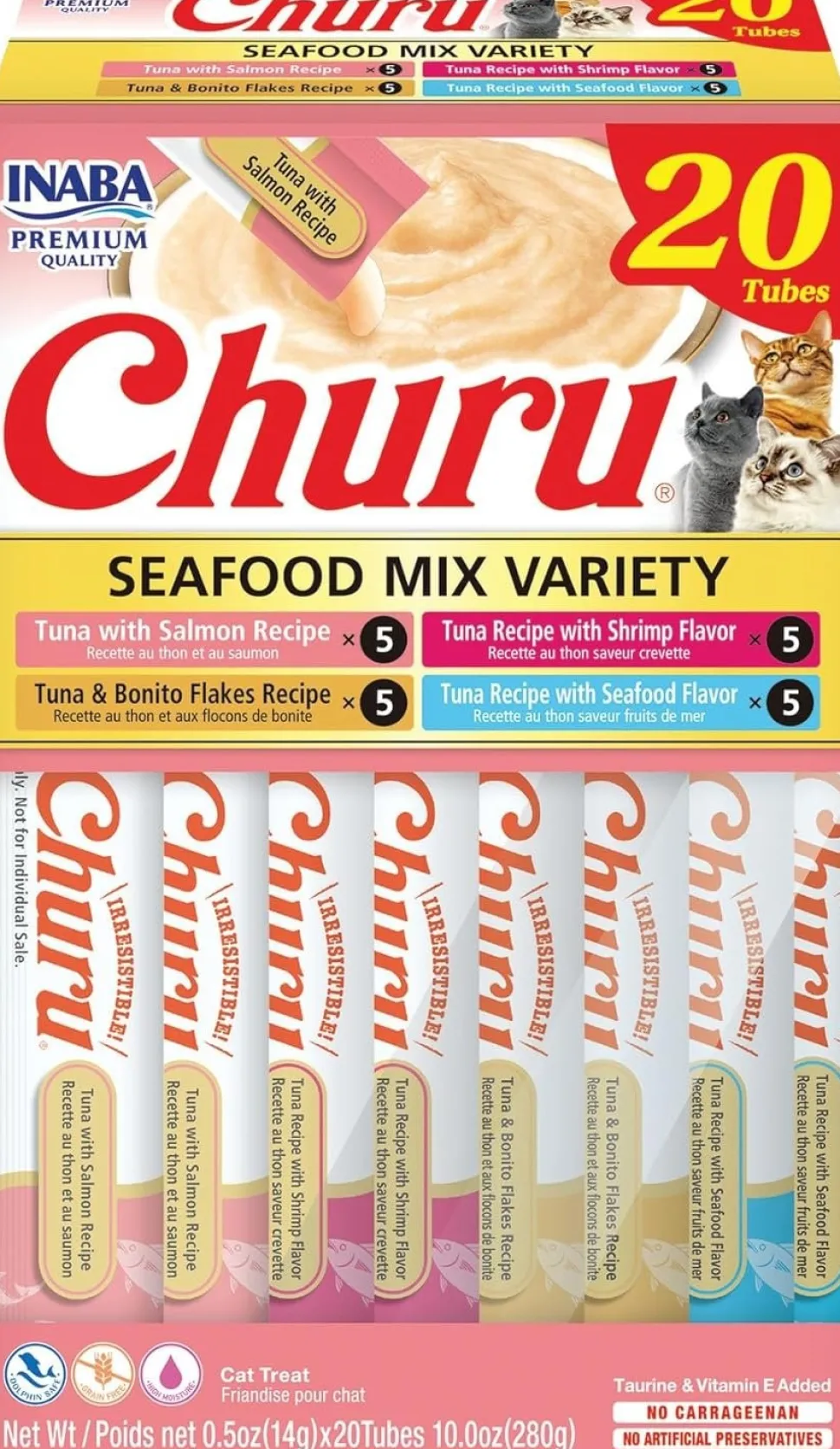 Inaba Churu Creamy Purée Seafood Mix Variety Pack Lickable Cat Treats 0.5-oz Tubes 20 Count