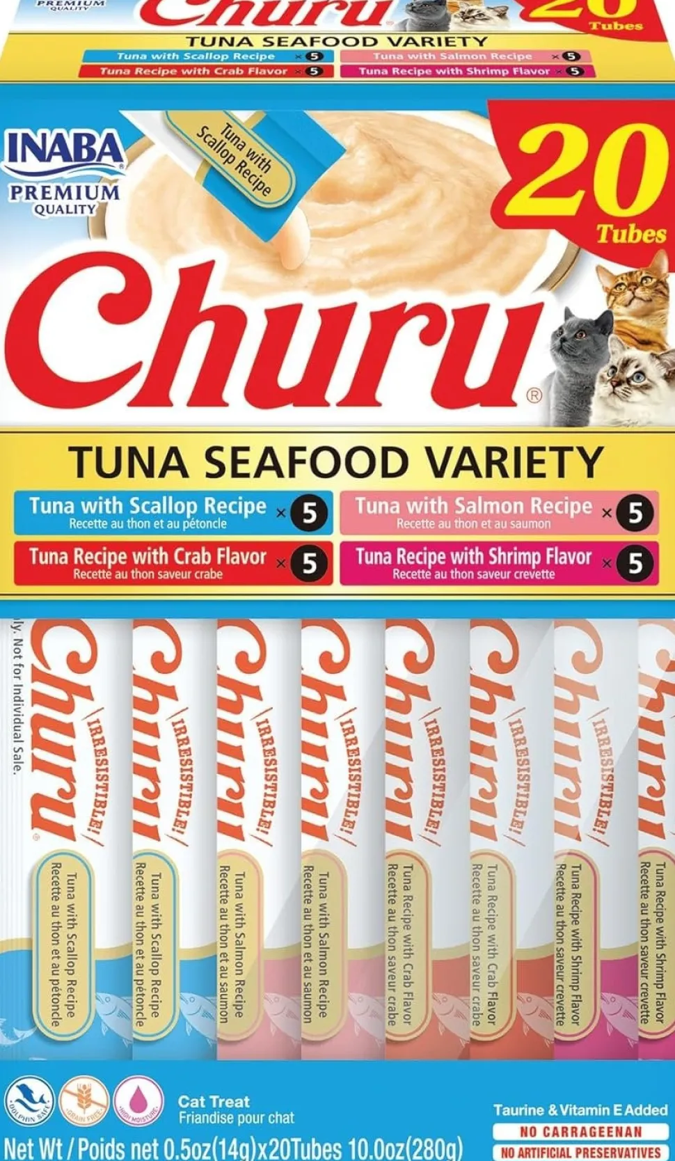 Inaba Churu Creamy Purée Tuna Seafood Variety Pack Lickable Cat Treats 0.5-oz Tubes 20 Count