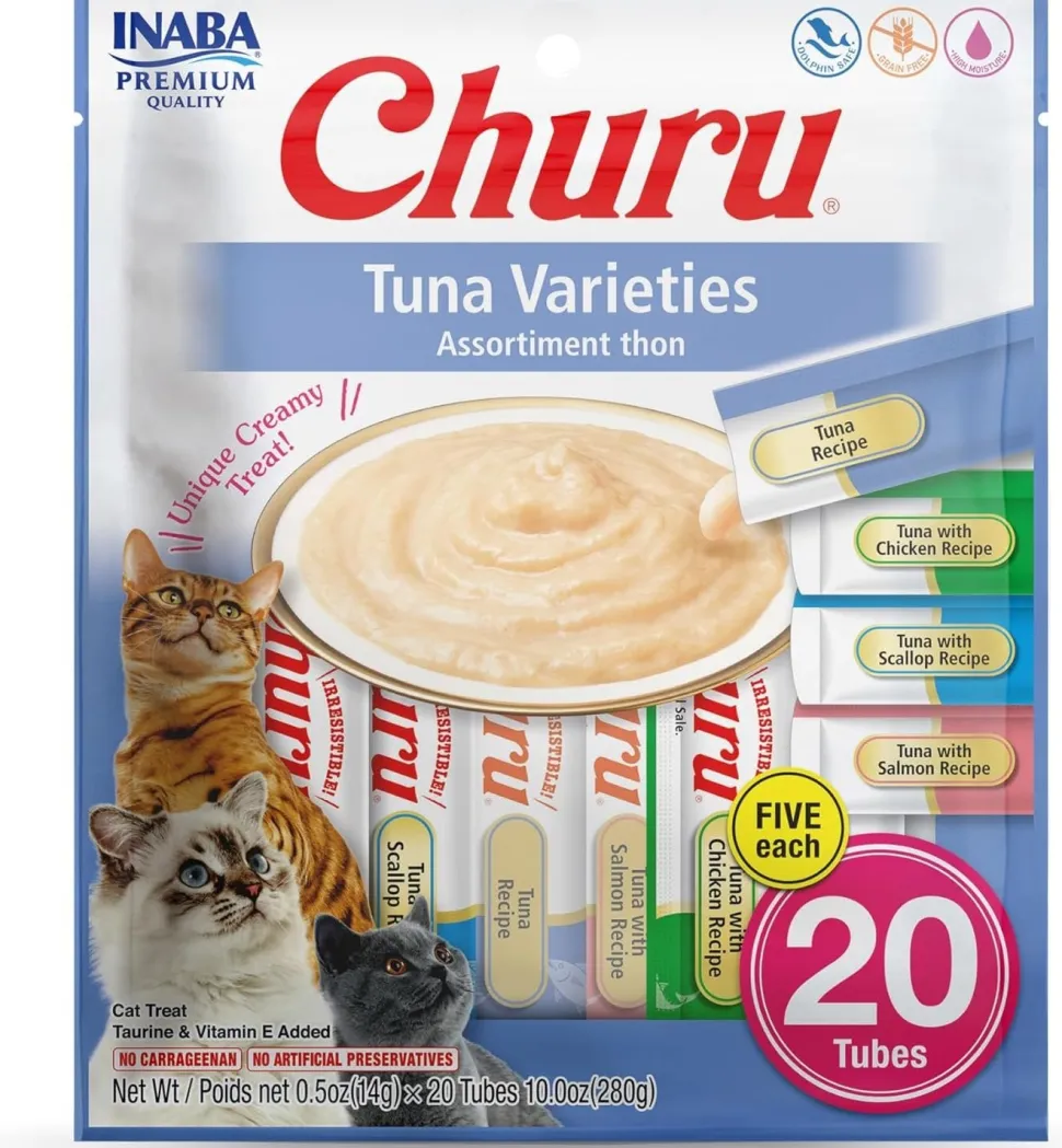 Inaba Churu Creamy Purée Tuna Variety Pack Lickable Cat Treats 0.5-oz Tubes 20 Count