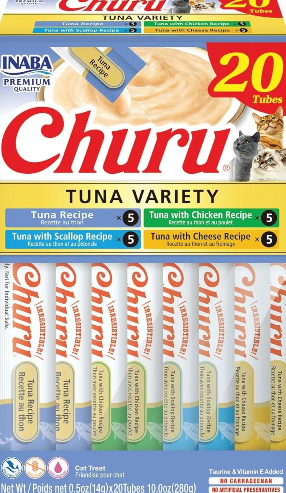 Inaba Churu Creamy Purée Tuna Variety Box Lickable Cat Treats 0.5-oz Tubes 20 Count