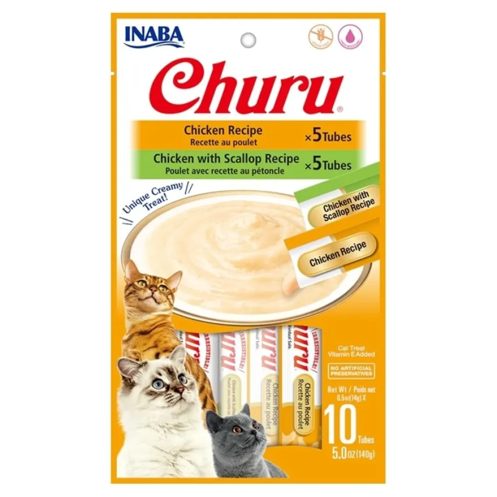 Inaba Churu Creamy Purée Variety Pack Lickable Cat Treats Chicken Recipe & Chicken with Scallop Recipe 0.5-oz Tubes 10 Count