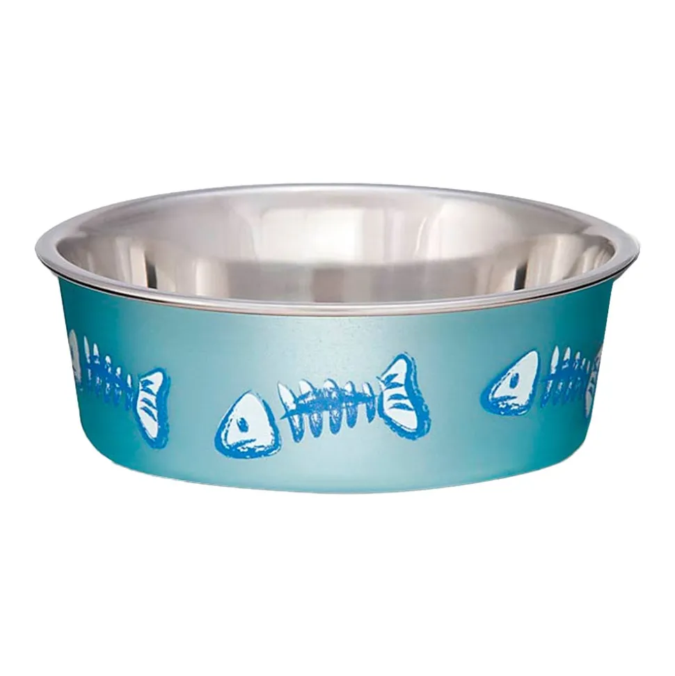 Loving Pets Bella Designer Fish Skeleton Cat Bowl Metallic Ocean Blue X-Small