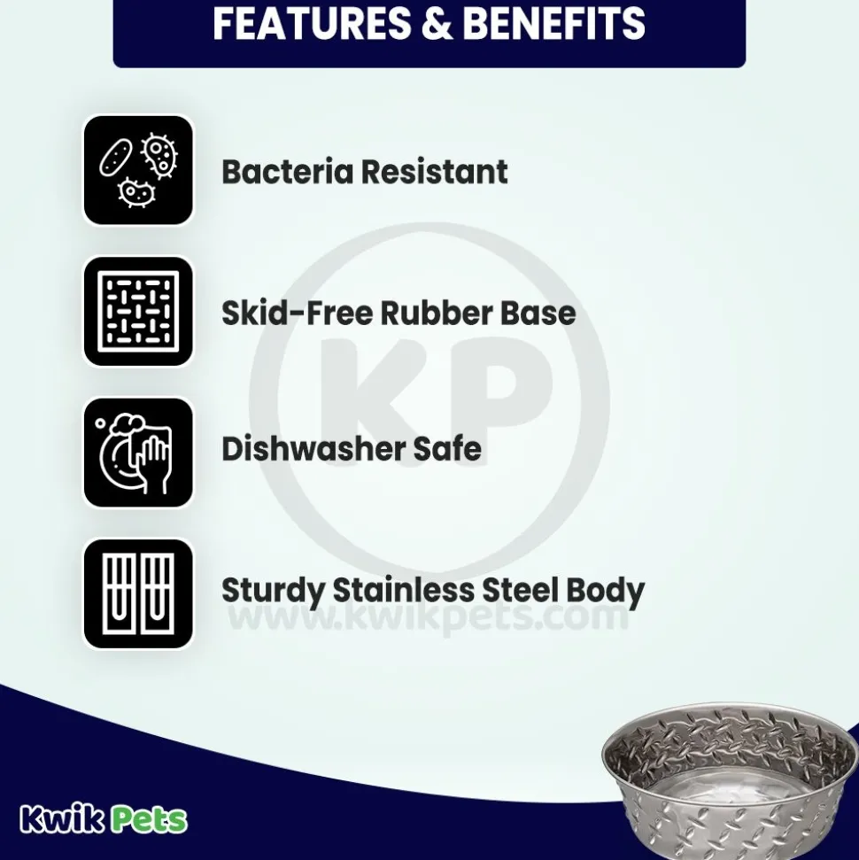Loving Pets Diamond Plate Bowls with Non Skid Bottom Dog Dish Bowl Silver 2 Quart