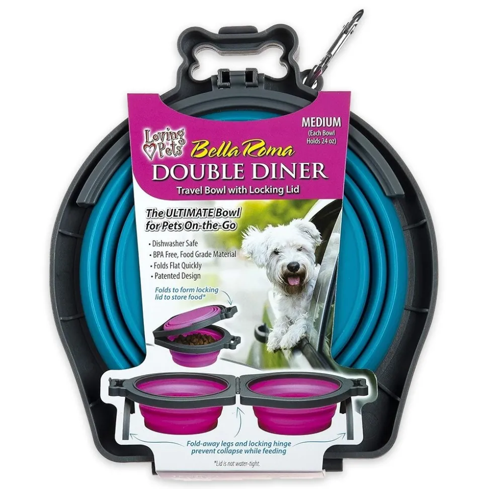 Loving Pets Travel Double Diner Dog Bowl Blue Medium