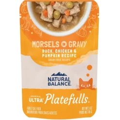 Natural Balance Original Ultra Platefulls Morsels in Gravy Grain Free Adult Wet Cat Food Pouch Duck, Chicken & Pumpkin 3-oz
