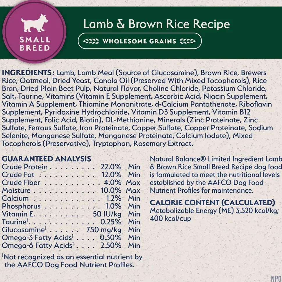 Natural Balance Pet Foods Limited Ingredient Small Breed Dry Dog Food Lamb & Brown Rice 12-lb