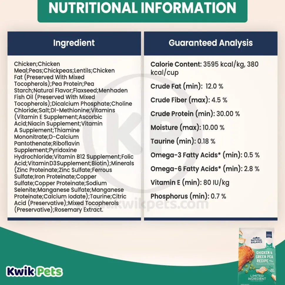 Natural Balance Pet Foods Limited Ingredient Grain Free Dry Cat Food Green Pea & Chicken 4-lb
