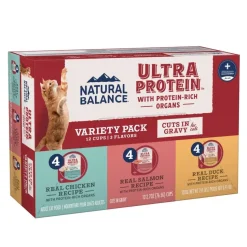 Natural Balance Pet Foods Ultra Protein Cuts in Gravy Adult Wet Cat Food Variety Pack Chicken, Duck & Salmon 2.7-oz 12 Count
