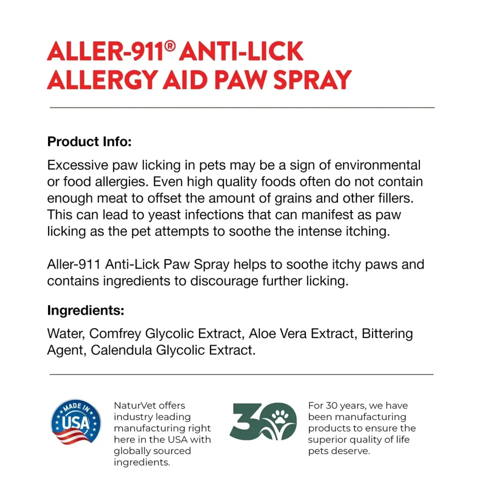 NaturVet Aller-911 Anti-Lick Allergy Aid Paw Spray for Dogs & Cats 8-oz