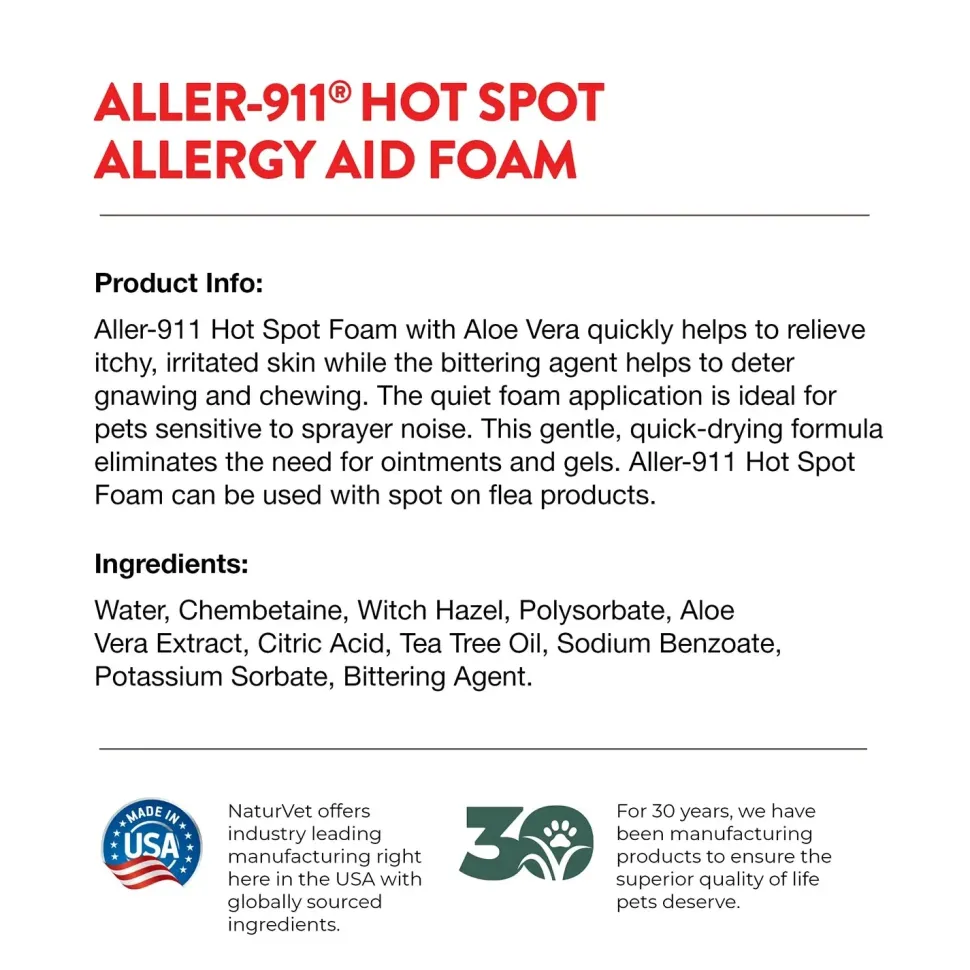 NaturVet Aller-911 Hot Spot Allergy Aid Foam for Dogs & Cats 8-oz