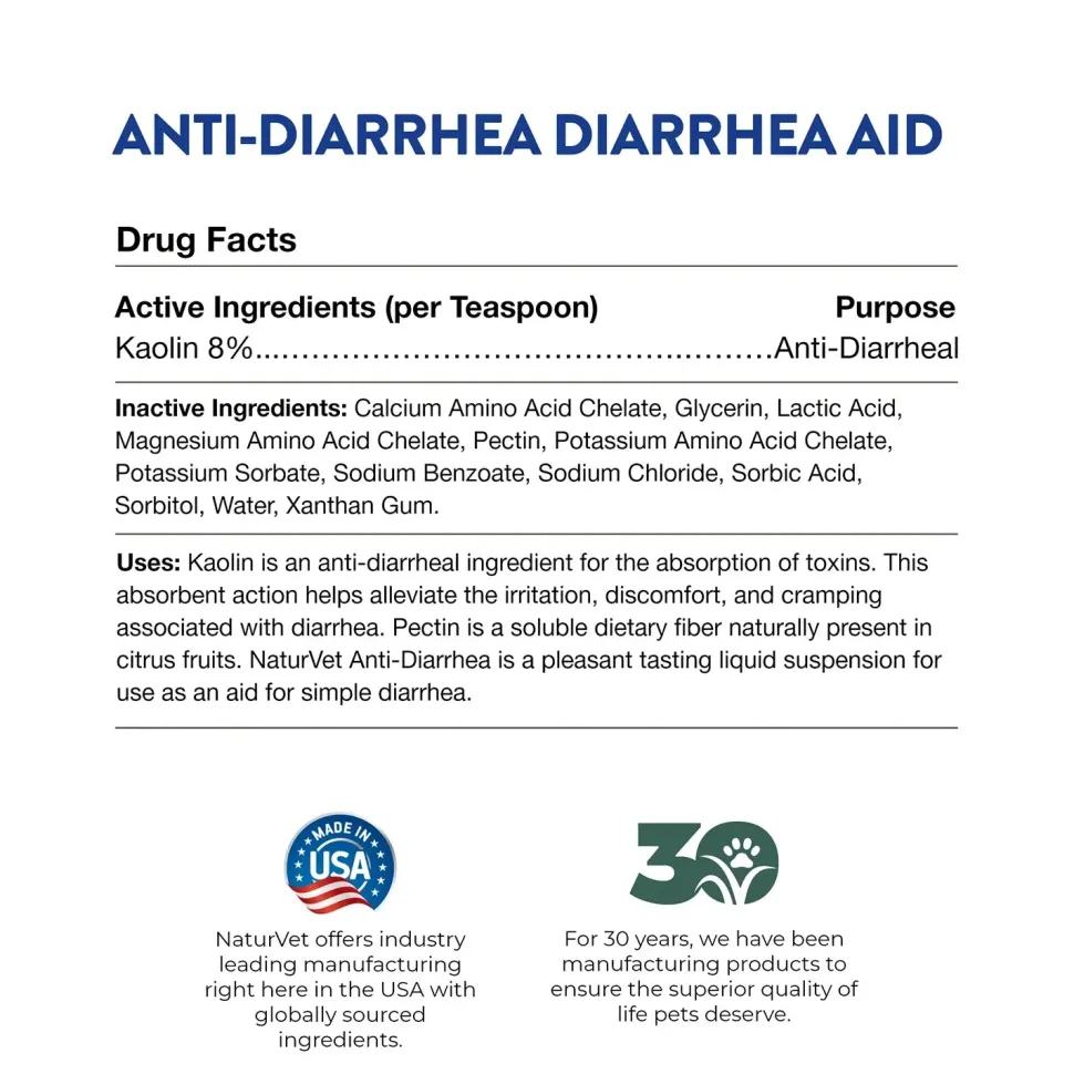 NaturVet Anti-Diarrhea Plus Kaolin Liquid for Dogs & Cats 8-oz