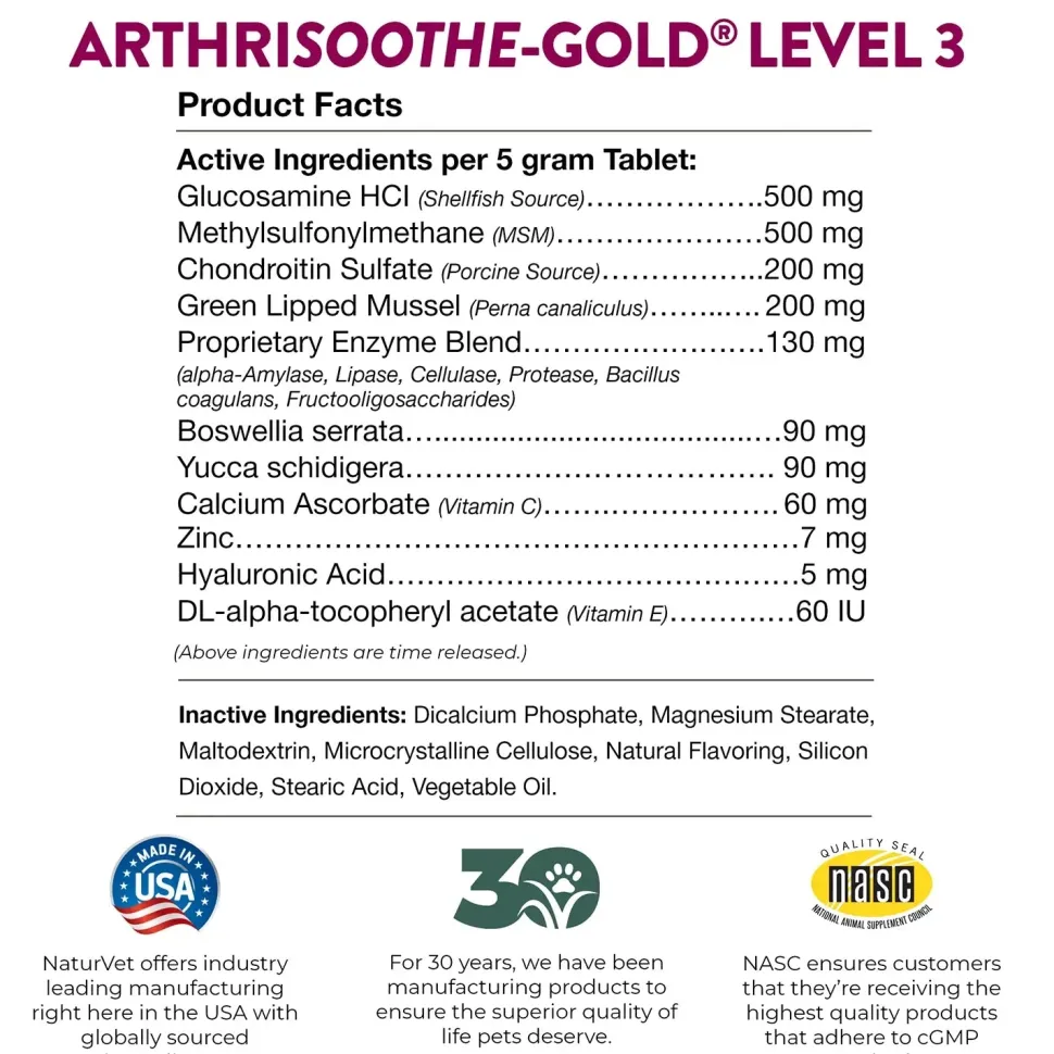 NaturVet ArthriSoothe-GOLD Level 3 Time Release Chewable Tablets for Dogs & Cats 40 Count 7-oz