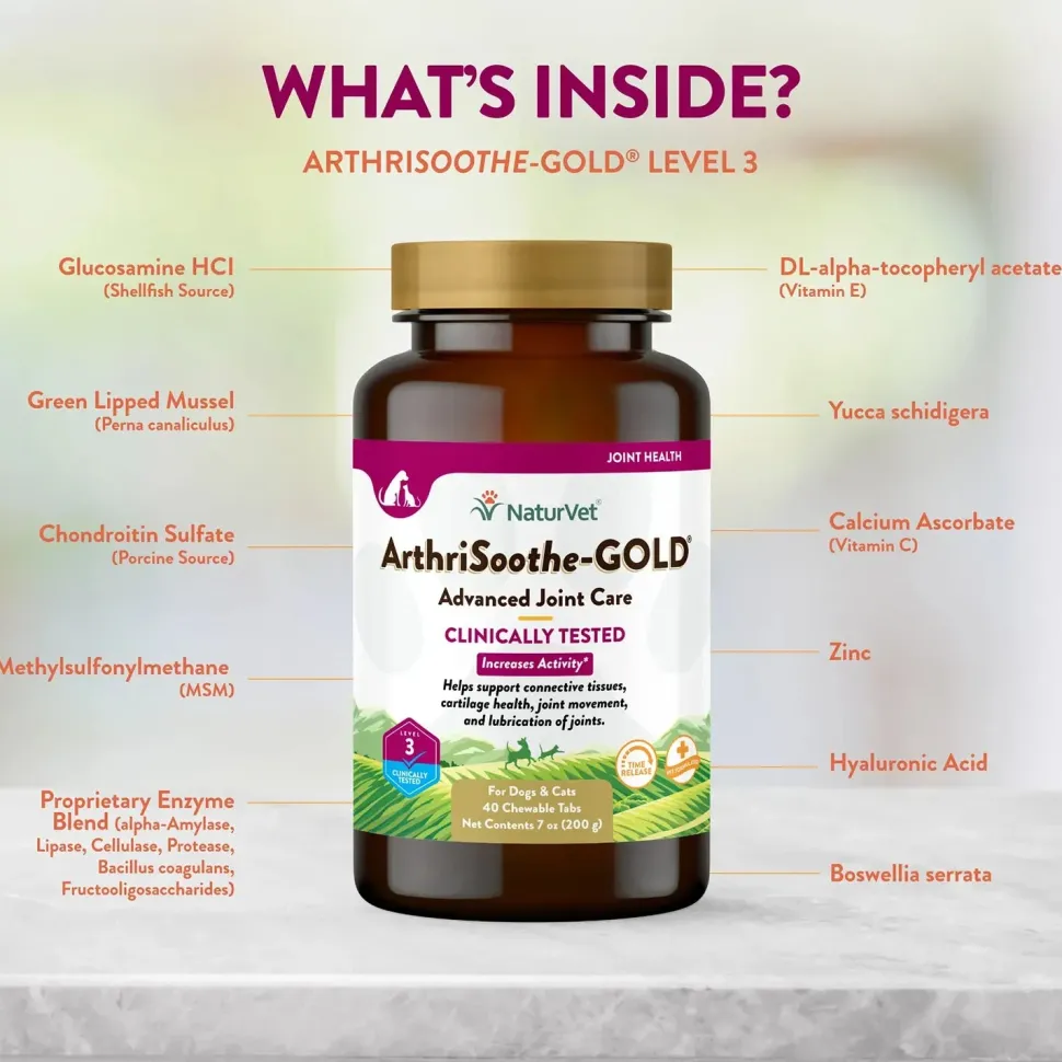 NaturVet ArthriSoothe-GOLD Level 3 Time Release Chewable Tablets for Dogs & Cats 40 Count 7-oz
