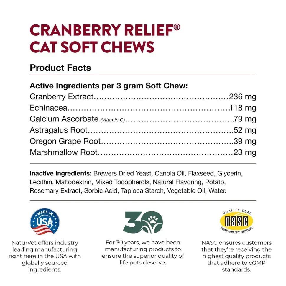 NaturVet Cranberry Relief Plus Echinacea Soft Chews for Cats 60 Count 3.1-oz