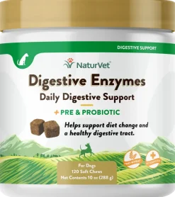 NaturVet Digestive Enzymes Plus Pre and Probiotic Soft Chews for Dogs 120 Count 10-oz