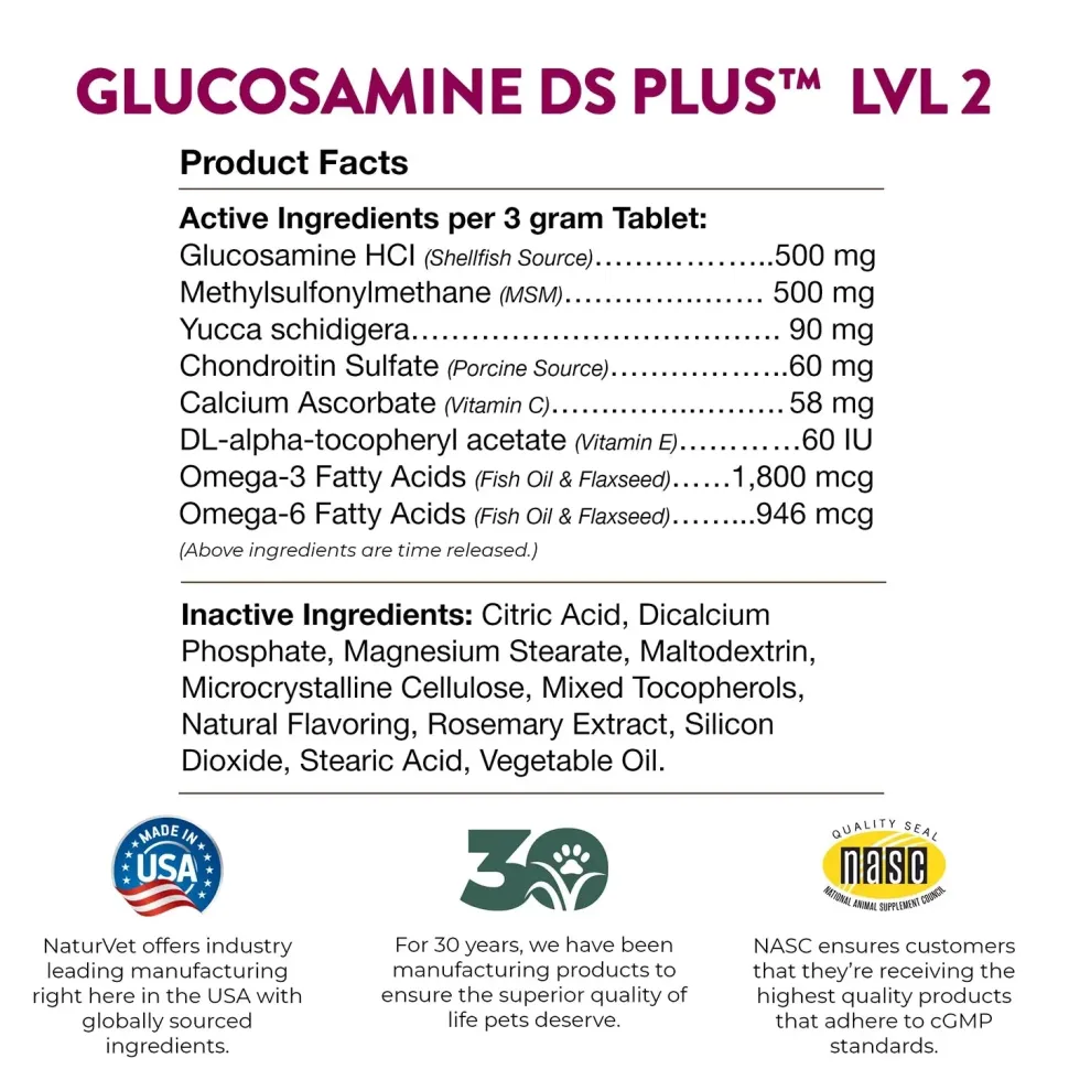 NaturVet Glucosamine-DS Plus Level 2 Time Release Tablets for Dogs & Cats 60 Count 6.3-oz