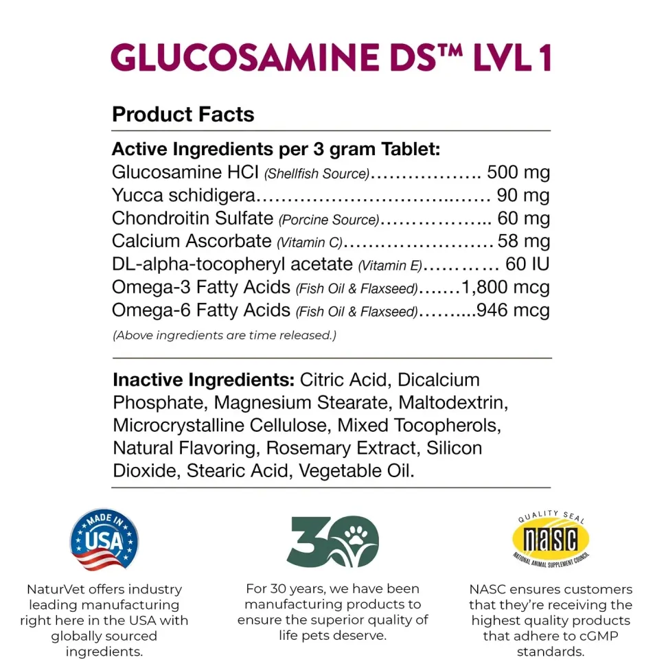 NaturVet Glucosamine DS with Chondroitin Time Release Chewable Tablets for Dogs & Cats 150 Count 15.8-oz