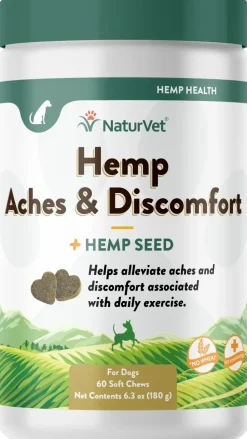 NaturVet Hemp Aches & Discomfort Plus Hemp Seed Soft Chews for Dogs 60 Count 6.3-oz