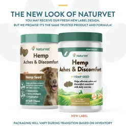 NaturVet Hemp Aches & Discomfort Plus Hemp Seed Soft Chews for Dogs 60 Count 6.3-oz