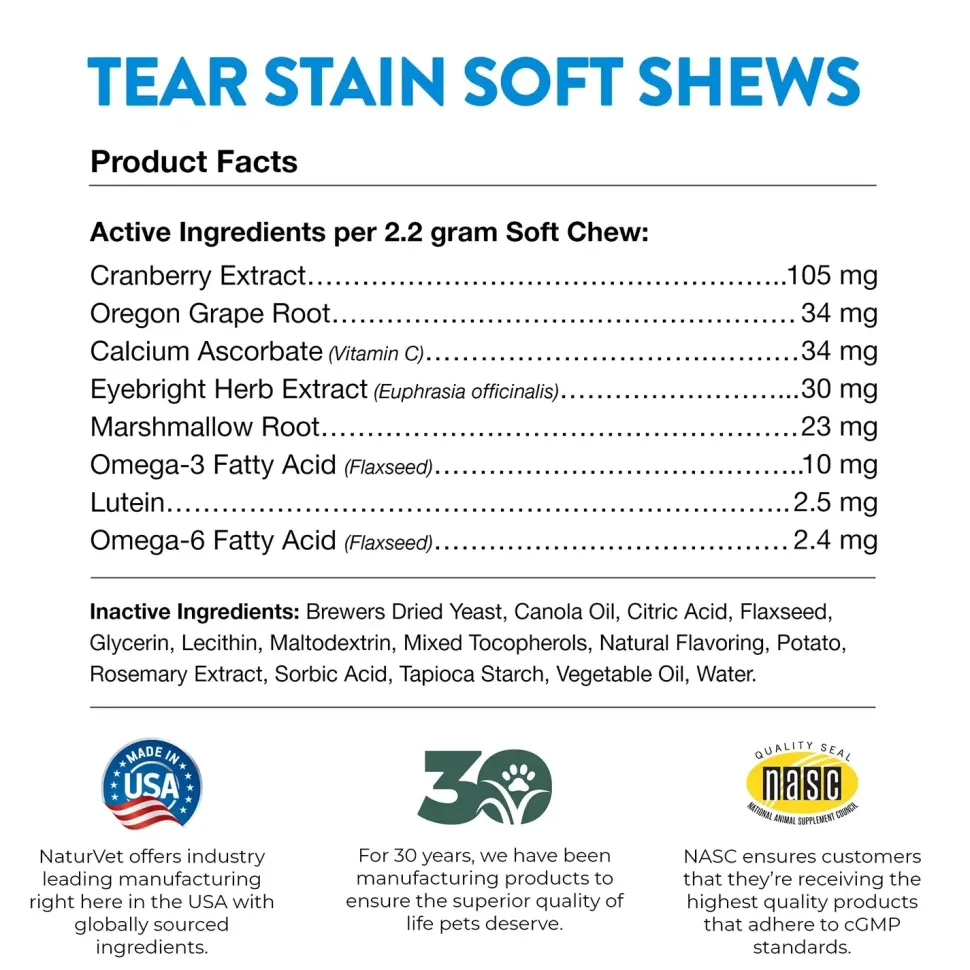 NaturVet Tear Stain Soft Chews for Dogs & Cats 70 Count 5.4-oz