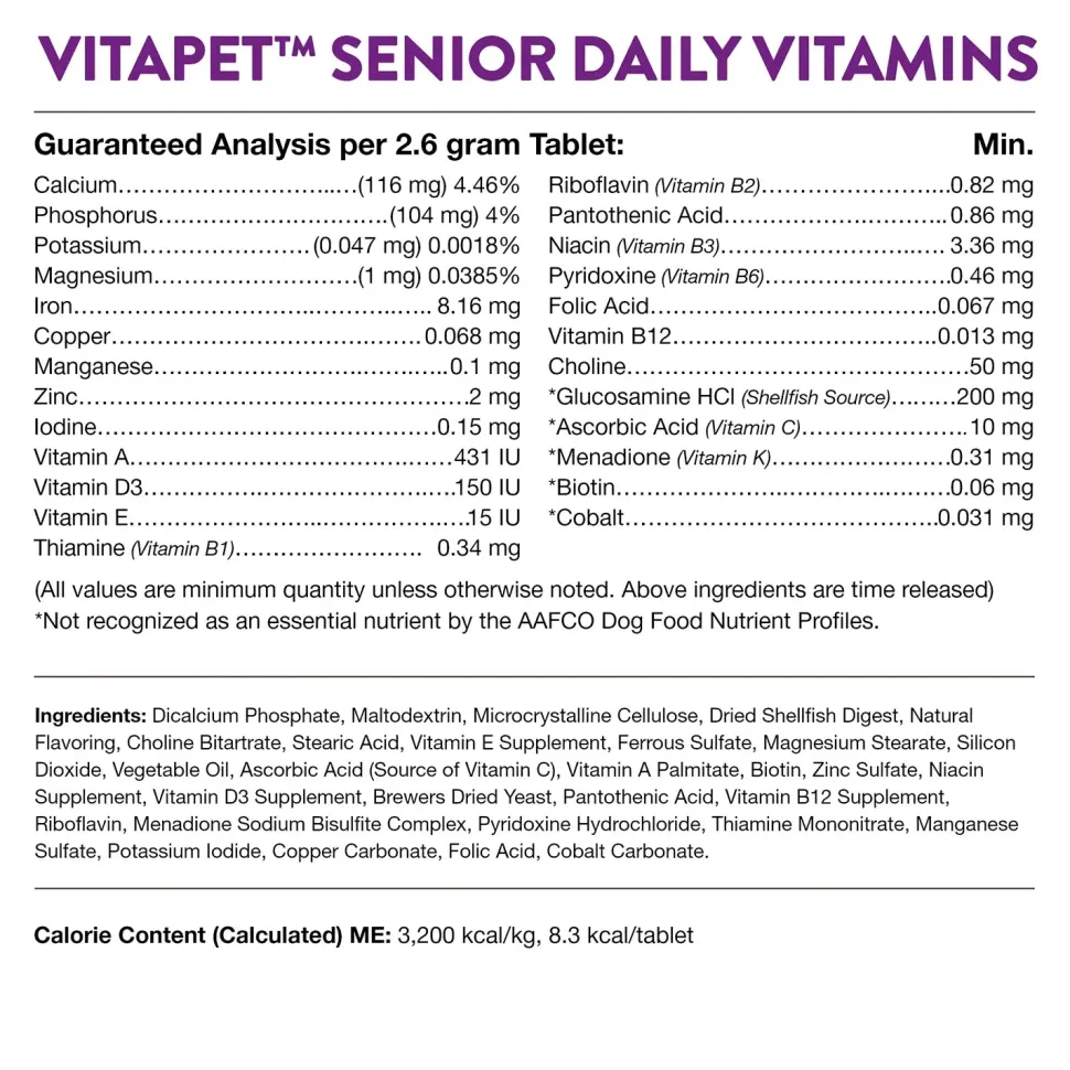 NaturVet VitaPet Senior Daily Vitamins Plus Glucosamine Chewable Tablets for Dogs 60 Count 5.5-oz