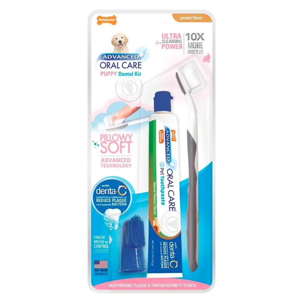 Nylabone Advanced Oral Care Puppy Dental Kit with Pillowy Soft-Bristle Toothbrush Peanut Butter 2.5-oz 3 Count
