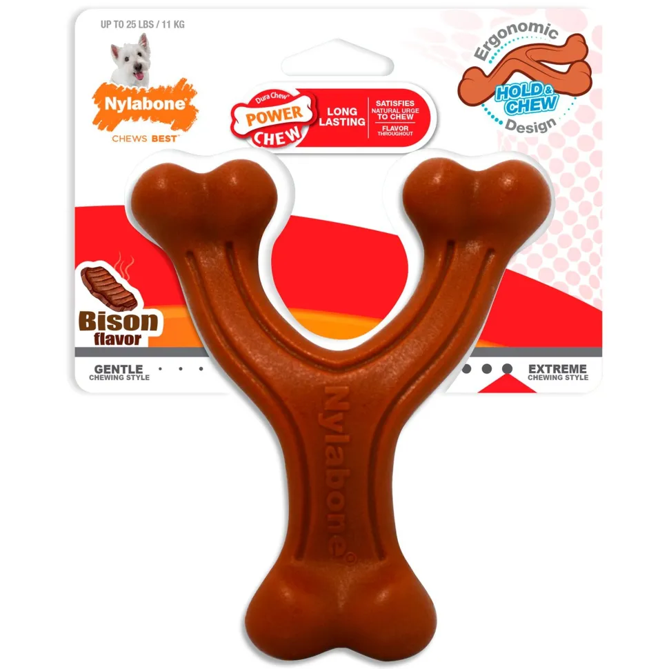 Nylabone Ergonomic Hold & Chew Wishbone Power Chew Durable Dog Toy Bison Small/Regular - Up To 25 Ibs