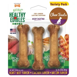 Nylabone Healthy Edibles All-Natural Long Lasting Chew Treats Variety Pack Roast Beef Chicken & Bacon Petite - Up To 15 lbs 3 Count